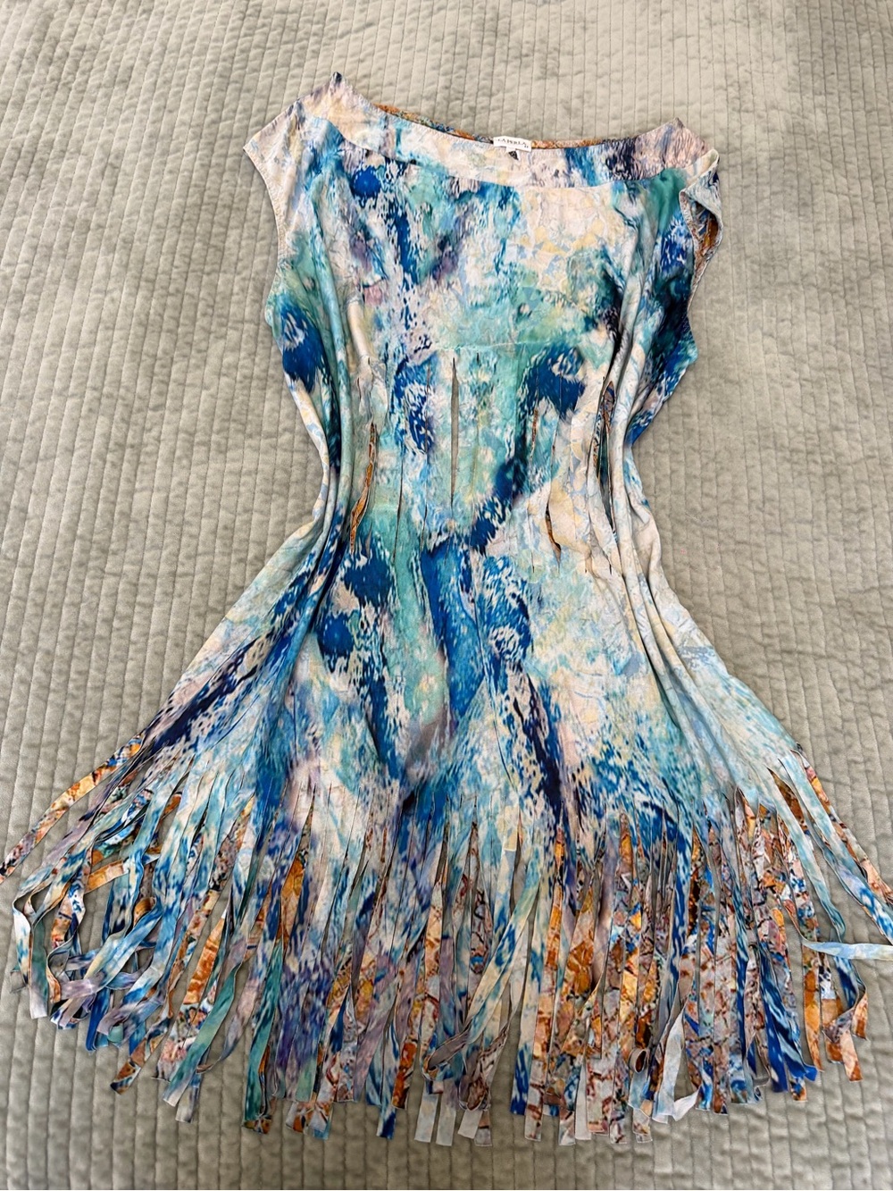 La Perla Blue Aqua Printed Fringe Mini Dress beach/festival